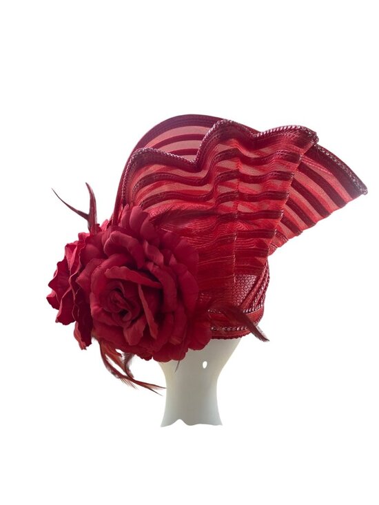 Elegant Red Sinamay Womens Hat With Floral Accents & Decorative Mesh Detailing
